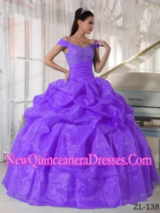 Ball Gown Off The Shoulder Floor-length Taffeta and Organza Beading Classical Quinceanera Dress in Purple