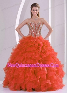 Ball Gown Sweetheart Ruffles and Beaded Decorate Coral Red Classical Quinceanera Gowns