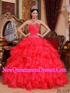 Cheap Quinceanera Gowns In Red Ball Gown Sweetheart Organza Beading