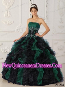 Classical Ball Gown Strapless Taffeta and Organza Beading Quinceanera Dress in Green and Black