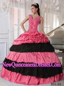 Classical Ball Gown Taffeta Watermelon and Black Beading Quinceanera Dress