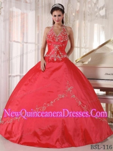 Classical Red Ball Gown Halter Top Taffeta Appliques Quinceanera Dress