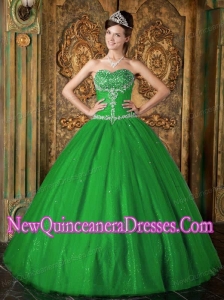 Green A-Line / Princess Sweetheart With Beading Tulle Cheap Quinceanera Gowns