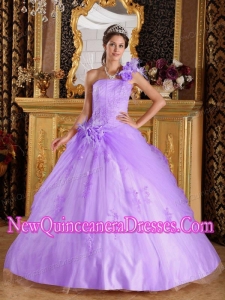 Lavender Ball Gown One Shoulder Appliques Tulle Custom Made Quinceanera Dresses