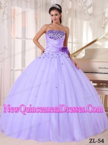Lilac Ball Gown Strapless Tulle Beading and Ruching Classical Quinceanera Dress