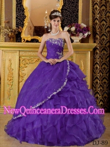 Purple Ball Gown Strapless Organza Appliques Bule Custom Made Quinceanera Dresses