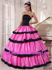 Rose Pink and Black Ball Gown Strapless Taffeta Elegant Quinceanera Dress
