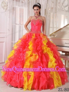 Sweetheart Coral Red and Orange Floor-length Organza Sequins Classical Quinceanera Dress