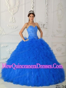 Sweetheart Floor-length Satin and Organza Beading Classical Quinceanera Dress in Blue