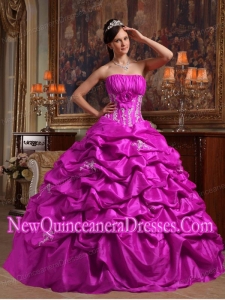 A Fuchsia Ball Gown Strapless With Appliques Taffeta Cheap Quinceanera Gowns