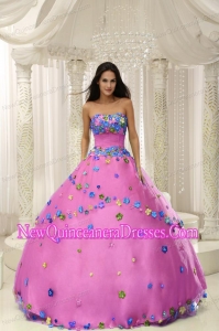A Hot Pink Ball Gown Cheap Quinceanera Gowns For Custom Made Appliques Decorate Bodice