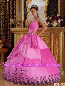 A Hot Pink Sweetheart Floor-length Taffeta Appliques Cheap Quinceanera Gowns