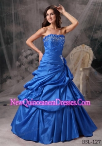 A-Line / Princess Strapless Long Taffeta Beading Discount Quinceanera Dresses in Blue