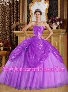 A Purple Sweetheart Floor-length Sequined and Tulle Handle Flowers Cheap Quinceanera Gowns