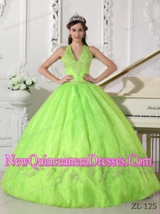 A Yellow Green With Halter Taffeta and Organza Appliques Cheap Quinceanera Gowns