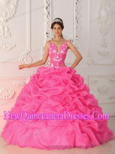 Appliques Ball Gown Straps Satin and Organza Custom Made Quinceanera Dresses in Hot Pink