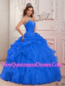 Beading And Ruffles Ball Gown Strapless Floor-length Organza Quinceanera Dress in Blue