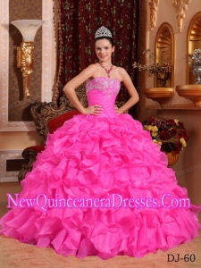 Beading and Appliques Rose Pink Ball Gown Strapless Floor-length Organza Classical Quinceanera Dress