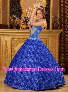 Blue Ball Gown Sweetheart Floor-length Fabric Elegant Quinceanera Dress With Rolling Flowers Appliques