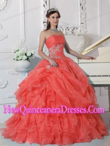 Cheap Quinceanera Gowns In Orange Red Ball Gown Strapless With Organza Beading