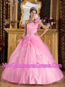 Cheap Quinceanera Gowns In Pink With One Shoulder Appliques Tulle