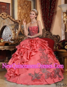 Classical Coral Red Strapless Floor-length Taffeta Quinceanera Dress with Appliques