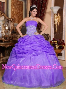 Classical Purple Strapless Floor-length Organza Appliques Quinceanera Dress