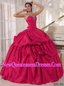 Discount Hot Pink Ball Gown Sweetheart Floor-length Taffeta Beading Sweet 15 Dresses
