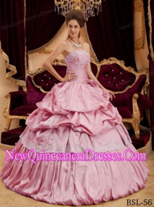 Elegant Ball Gown Strapless Taffeta Appliques Pink Quinceanera Dress