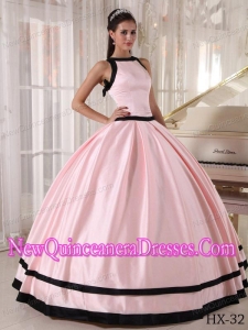 Elegant Pink and Black Ball Gown Satin Quinceanera Dress with Bateau