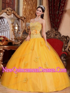 Gold Sweetheart Floor-length Tulle Appliques Cheap Quinceanera Gowns