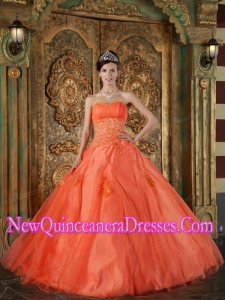 Orange Red With Sweetheart Floor-length Organza Appliques Cheap Quinceanera Gowns