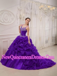 Organza Classical Dark Purple Ball Gown Spaghetti Straps Court Train Beading Quinceanera Dress