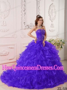Organza Purple Ball Gown Strapless Ruffles And Embroidery Classical Quinceanera Dress