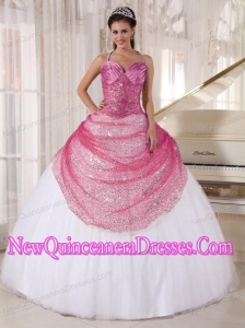 Rose Pink and White Appliques Elegant Quinceanera Dress with Spaghetti Straps