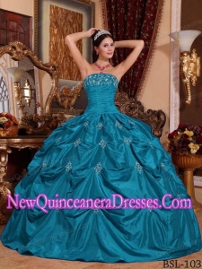 Teal Ball Gown Strapless With Taffeta Appliques Cheap Quinceanera Gowns