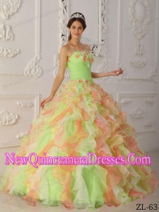 A Colorful Strapless Organza Hand Flowers and Ruffles New Style Quinceanera Dress