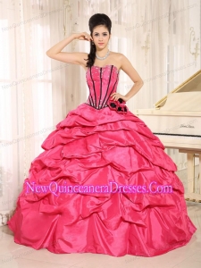 A Red Beaded and Hand Made Flowers Cheap Quinceanera Gowns With Pick-ups