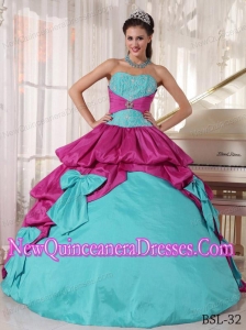 Aqua and Fuchsia Sweetheart Floor-length Appliques Fashionable Quinceanera Dress