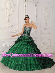 Ball Gown Sweetheart Chapel Train Taffeta and Organza Appliques Quinceanera Dress in Dark Green