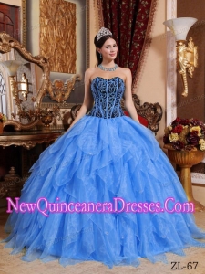 Beading Ball Gown Organza Embroidery Luxurious Quinceanera Dresses in Blue