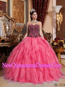 Discount Coral Red and Black Sweetheart Embroidery with Beading Sweet 15 Dress