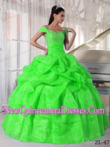 Discount Spring Green Ball Gown Off The Shoulder Floor-length Taffeta and Organza Beading Sweet 16 Dresses