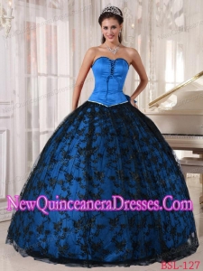 Discount Sweetheart Blue and Black Floor-length Tulle and Taffeta Lace Sweet 15 Dresses