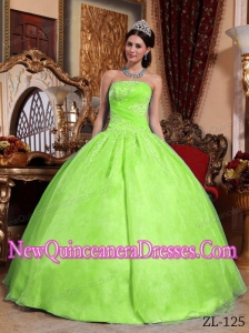 Discount Yellow Green Ball Gown Strapless Floor-length Organza Appliques Sweet 16 Dresses