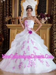 Elegant White and Fuchsia Princess Strapless Quinceanera Dress with Appliques