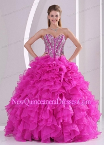 Pretty Sweetheart Ruffles and Beaded Decorate 2014 Hot Pink Fashionable Quinceanera Gowns