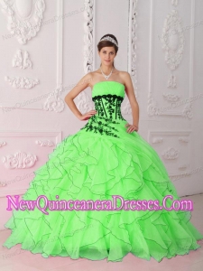 Spring Green Strapless Elegant Quinceanera Dress with Appliques and Ruffles