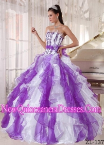 Strapless Floor-length Fashionable White and Purple Quinceanera Dress with Beading