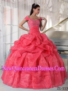 Watermelon Ball Gown Off The Shoulder Fashionable Taffeta and Organza Beading Quinceanera Dress